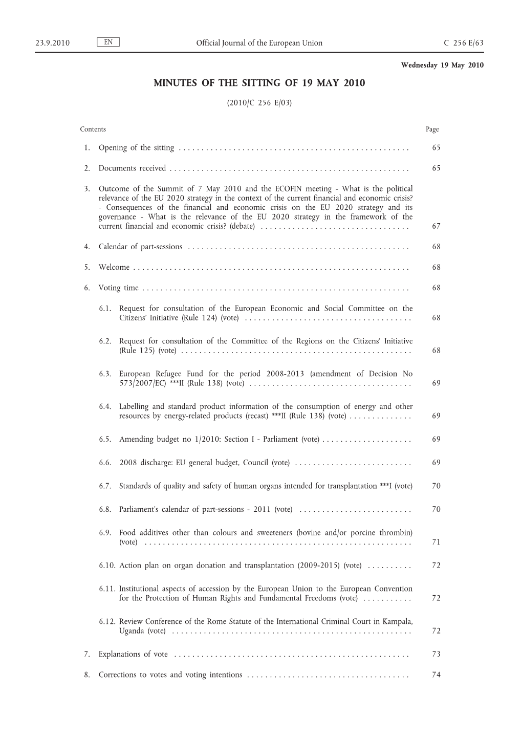 Minutes of the Sitting of 19 May 2010