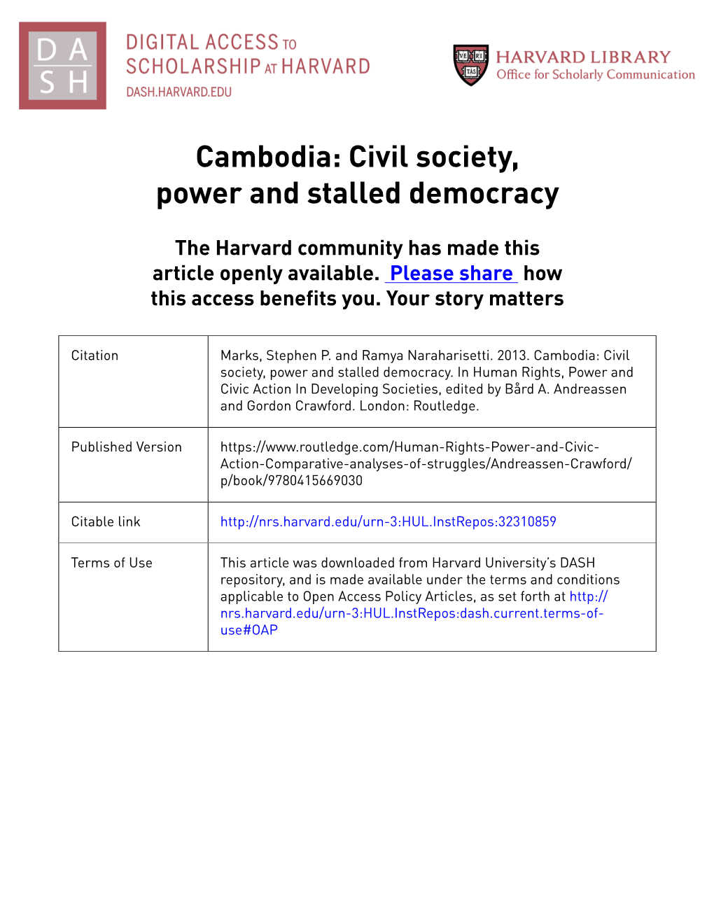 Cambodia: Civil Society, Power and Stalled Democracy
