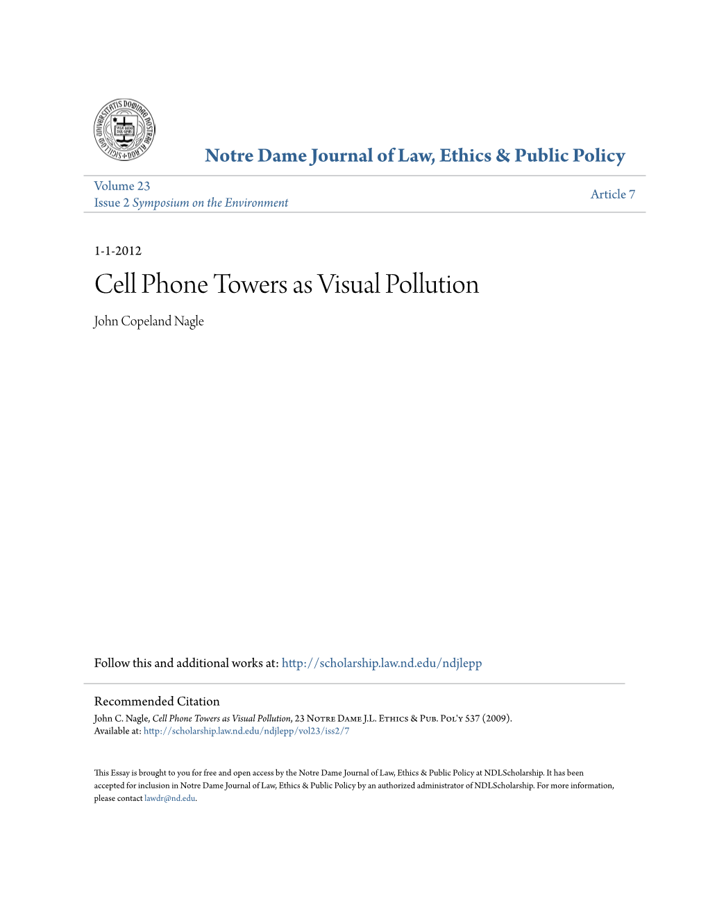 Cell Phone Towers As Visual Pollution John Copeland Nagle