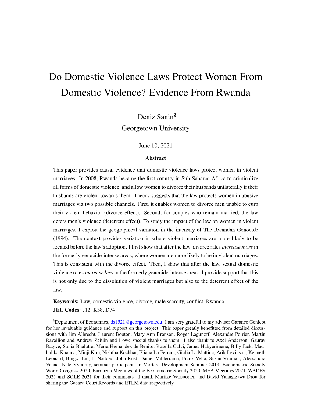 Do Domestic Violence Laws Protect Women from Domestic Violence? Evidence from Rwanda