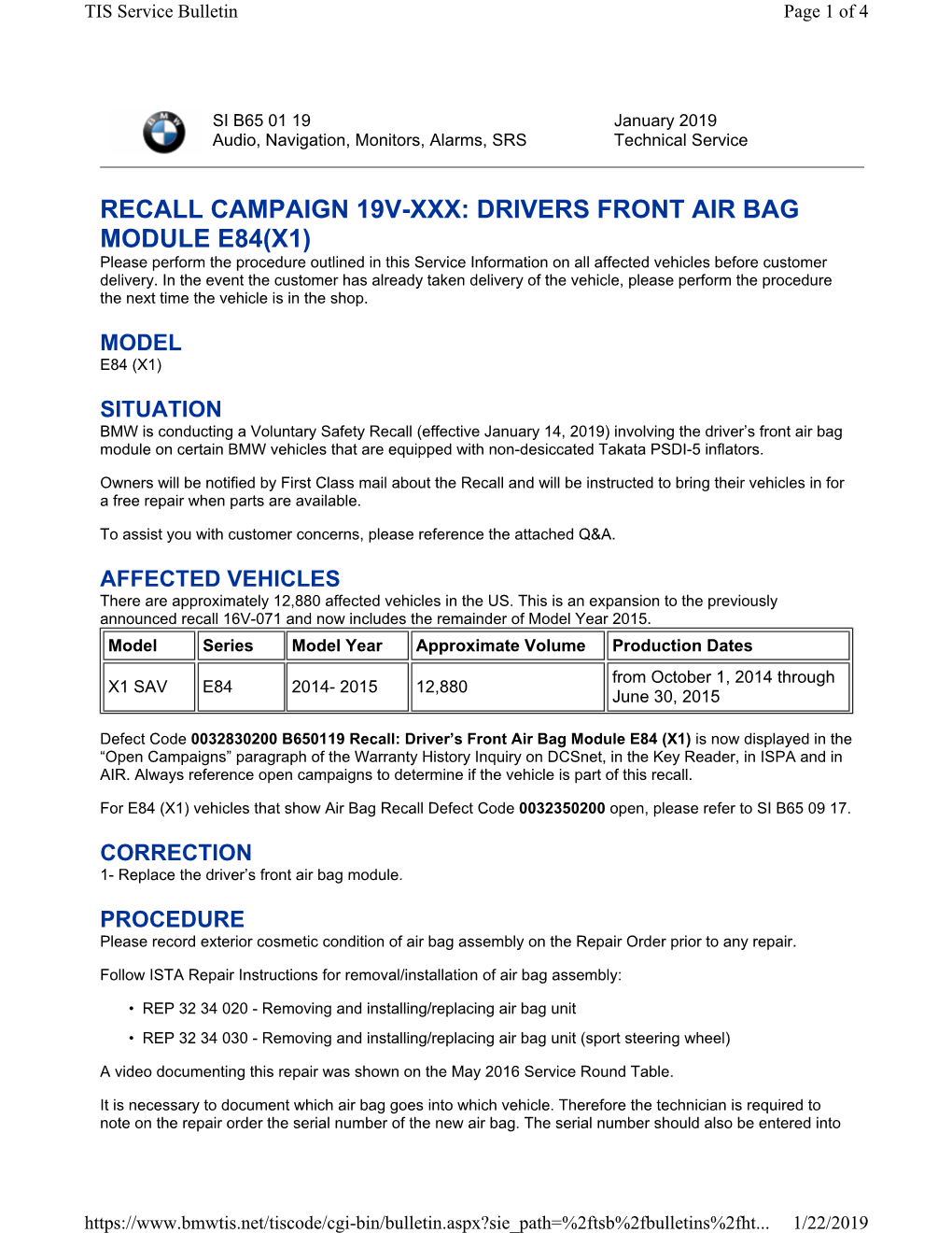 Recall Campaign 19V-Xxx: Drivers Front Air Bag