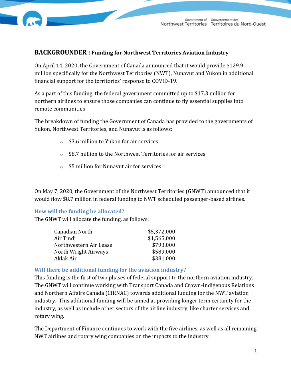 BACKGROUNDER : Funding for Northwest Territories Aviation Industry