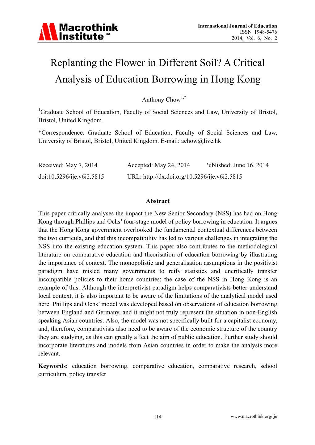 Replanting the Flower in Different Soil? a Critical Analysis of Education Borrowing in Hong Kong