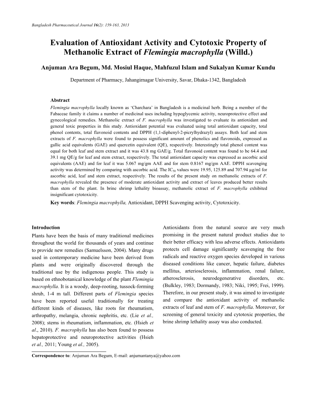 Evaluation of Antioxidant Activity and Cytotoxic Property of Methanolic Extract of Flemingia Macrophylla (Willd.)
