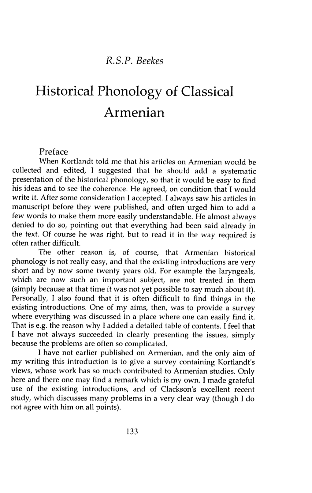 Historical Phonology of Classical Armenian