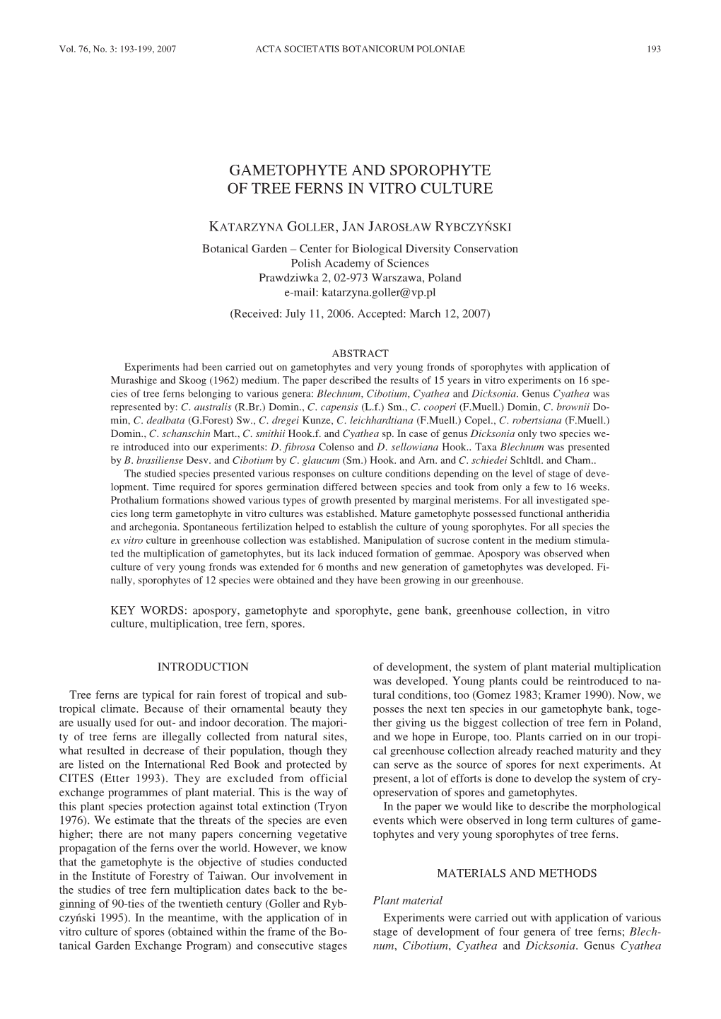 Gametophyte and Sporophyte of Tree Ferns in Vitro Culture