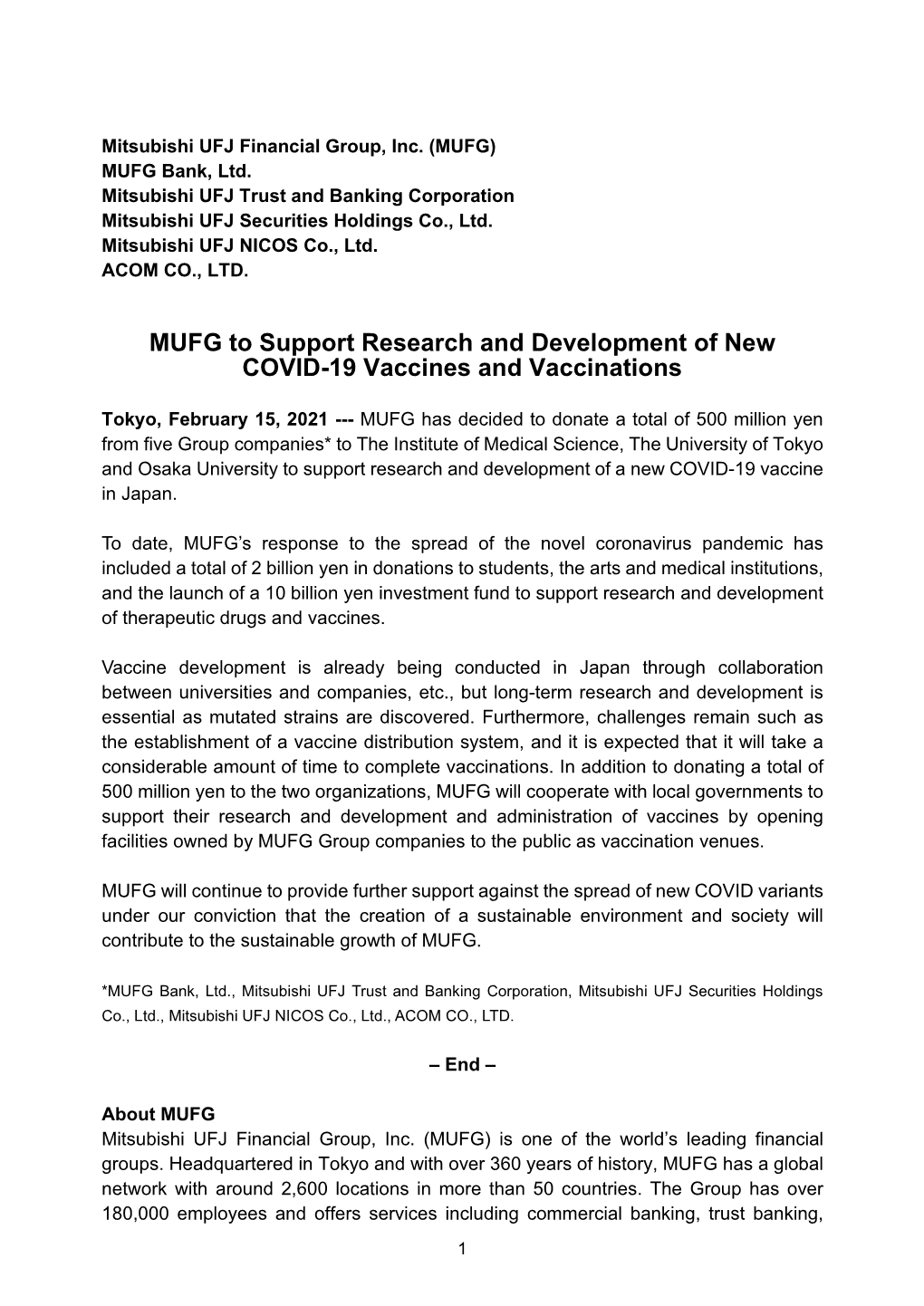 MUFG to Support Research and Development of New COVID-19 Vaccines and Vaccinations