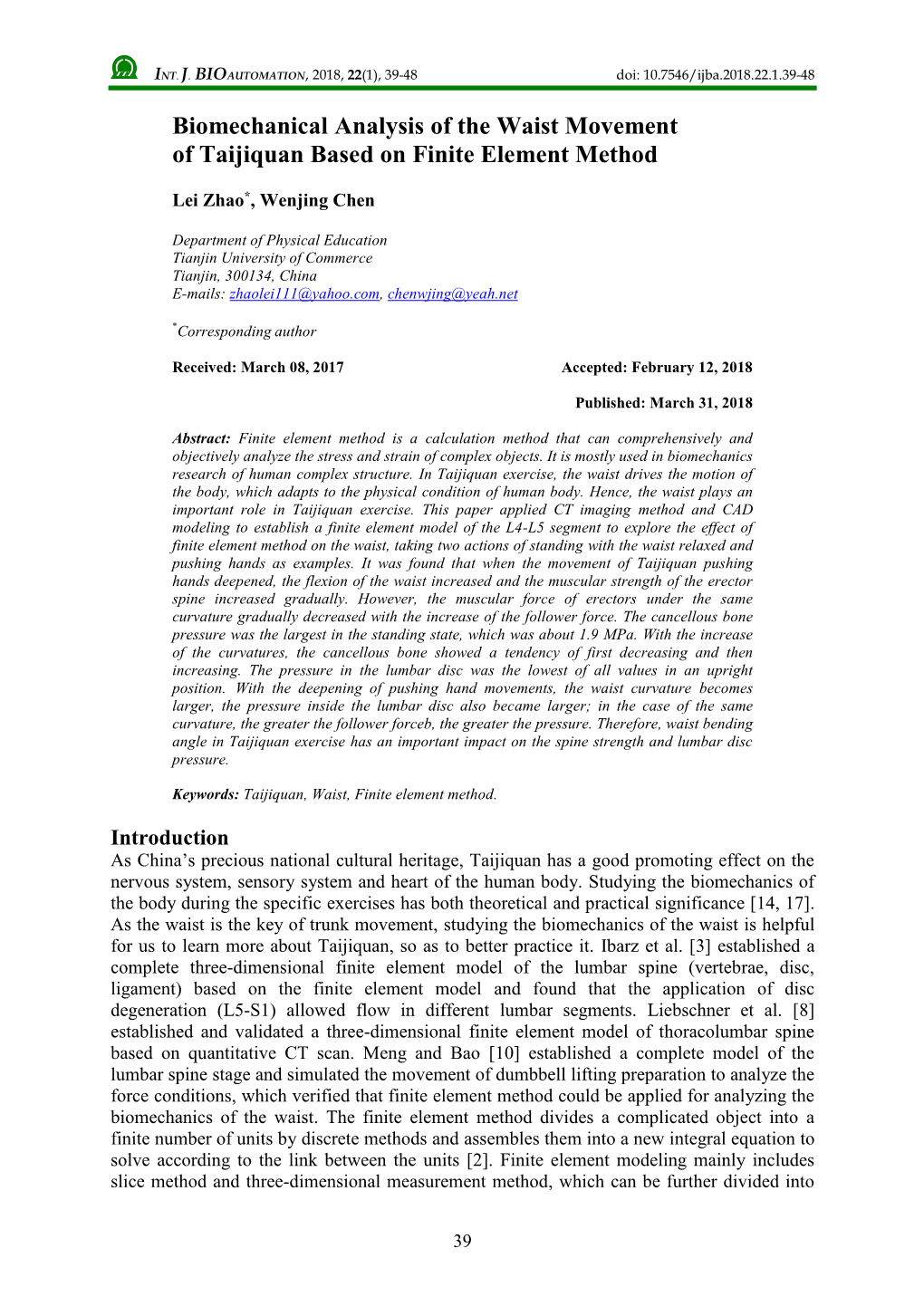 Biomechanical Analysis of the Waist Movement of Taijiquan Based on Finite Element Method
