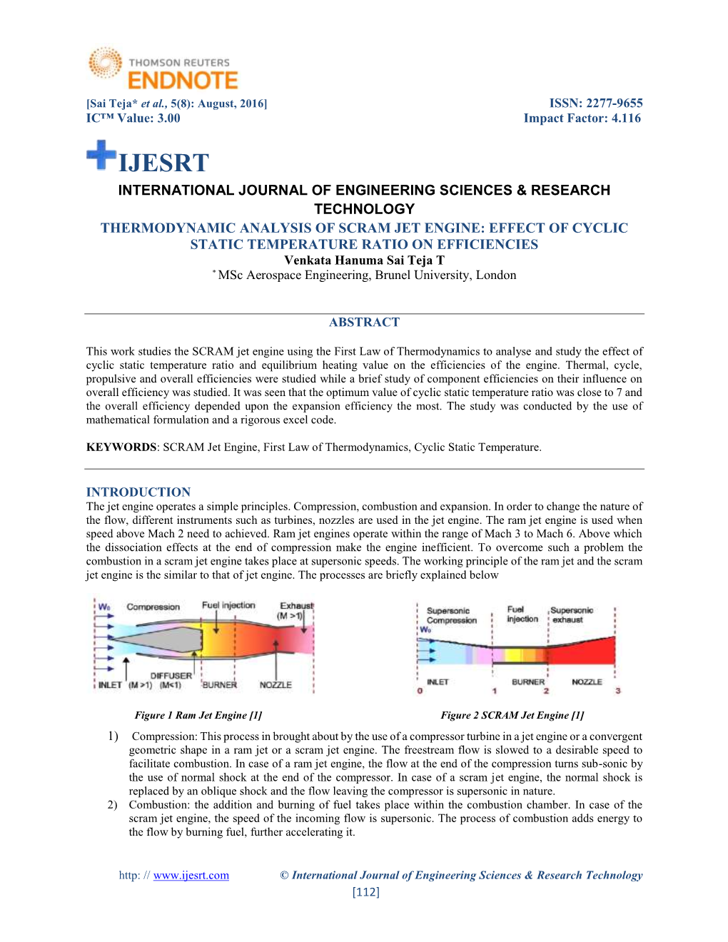 Thermodynamic Analysis of Scram Jet Engine: Effect of Cyclic Static Temperature Ratio on Efficiencies