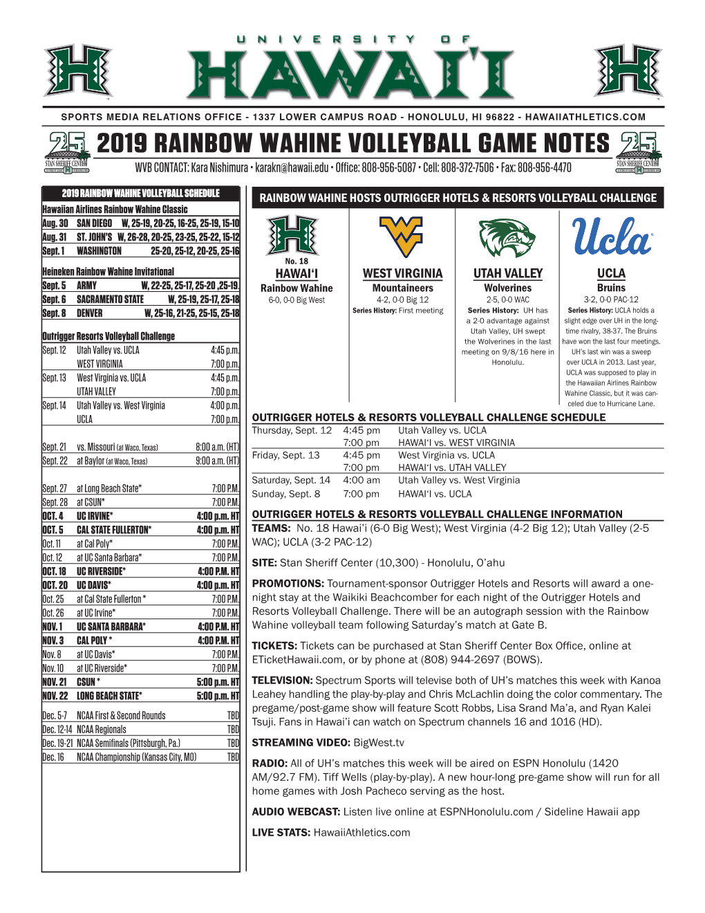 2019 RAINBOW WAHINE VOLLEYBALL GAME NOTES WVB CONTACT: Kara Nishimura • Karakn@Hawaii.Edu • Office: 808-956-5087 • Cell: 808-372-7506 • Fax: 808-956-4470