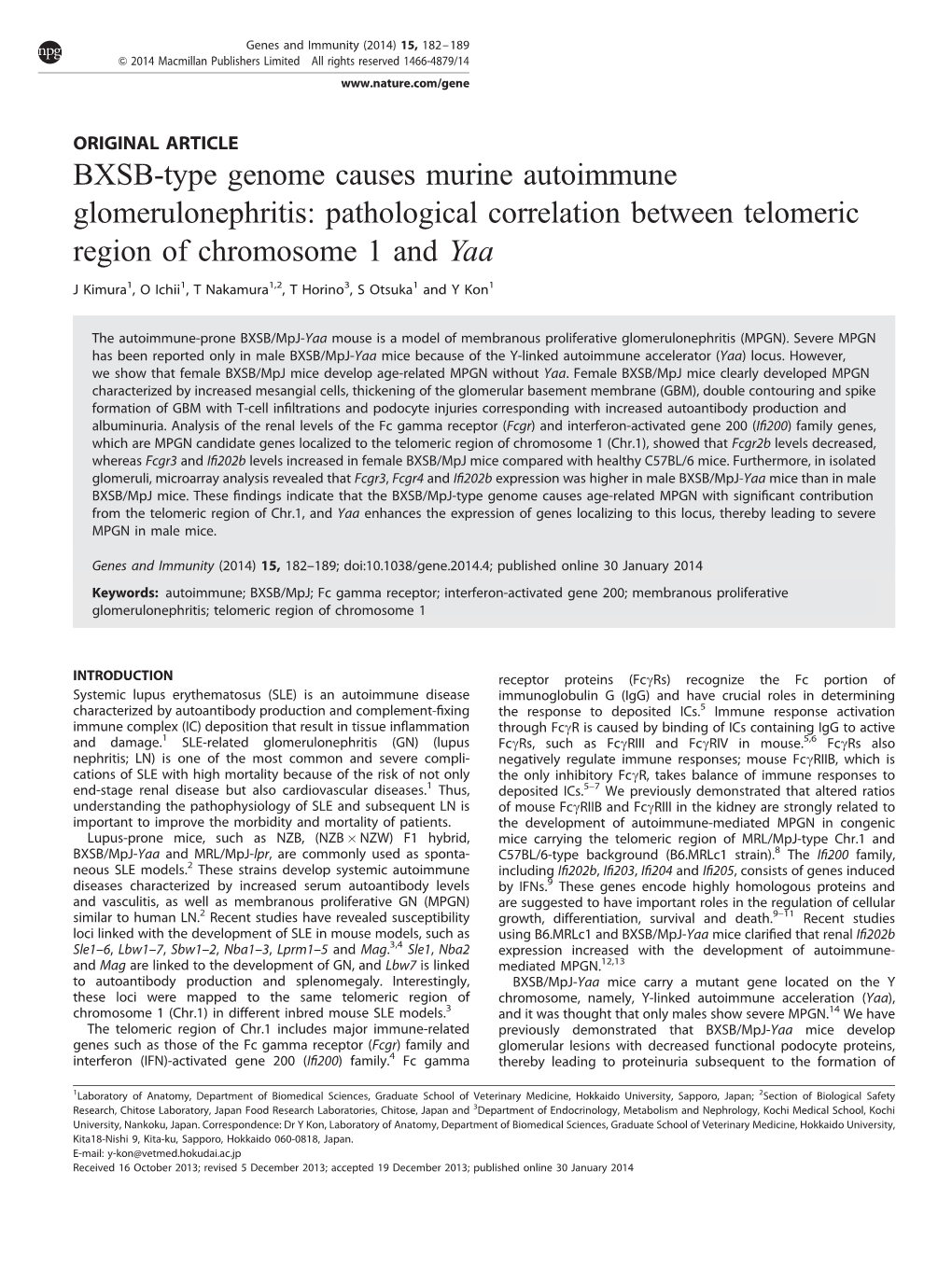 BXSB-Type Genome Causes Murine Autoimmune Glomerulonephritis: Pathological Correlation Between Telomeric Region of Chromosome 1 and Yaa