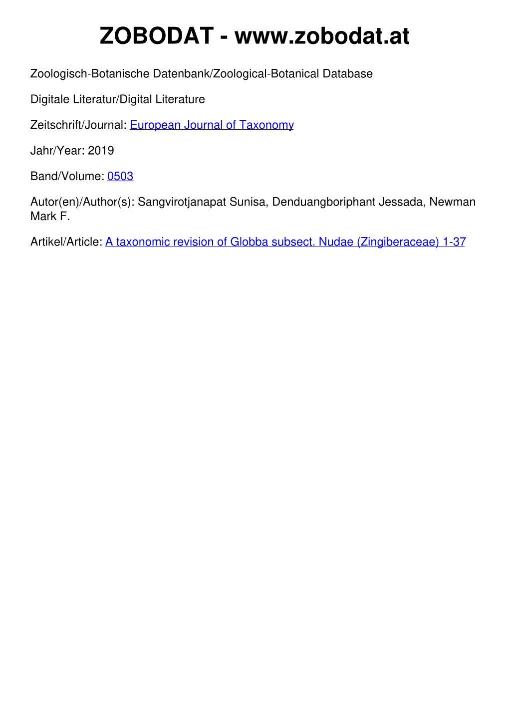 A Taxonomic Revision of Globba Subsect. Nudae