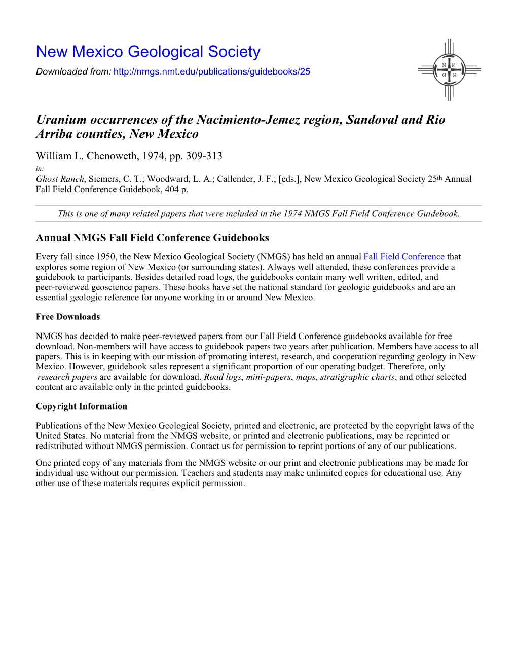 Uranium Occurrences of the Nacimiento-Jemez Region, Sandoval and Rio Arriba Counties, New Mexico William L