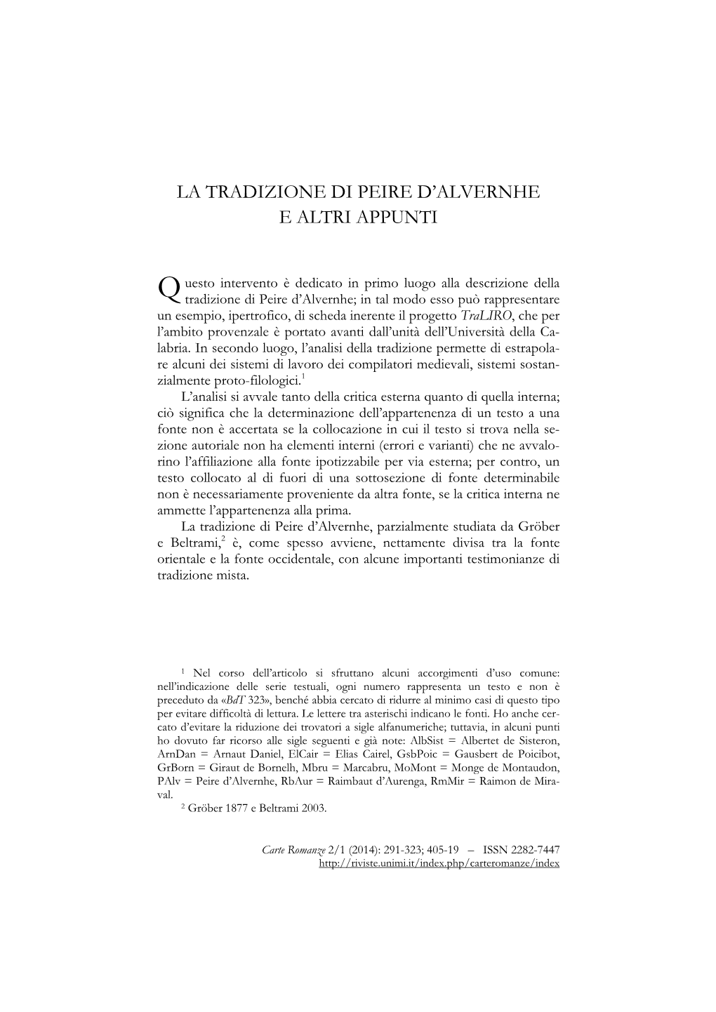 La Tradizione Di Peire D'alvernhe E Altri Appunti