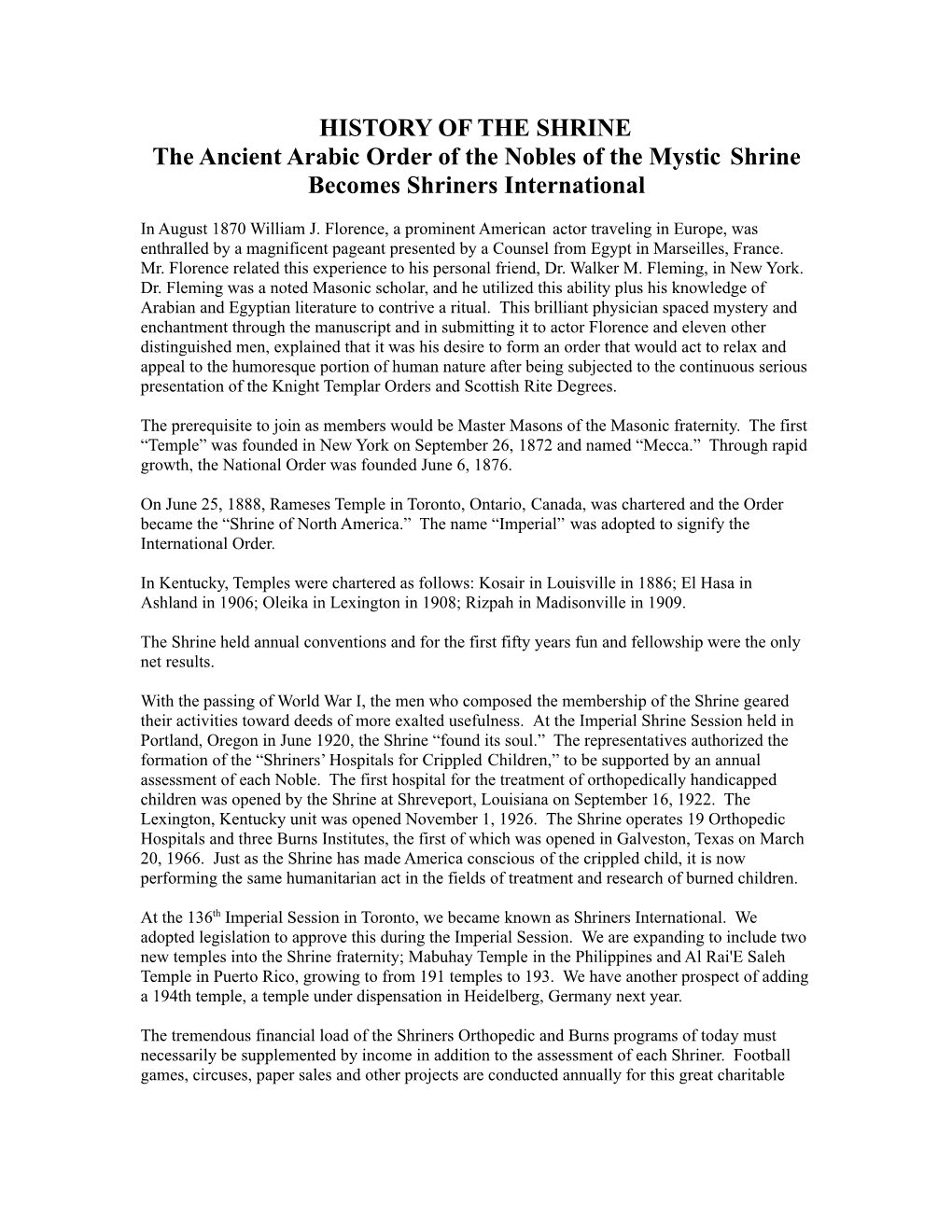HISTORY of the SHRINE the Ancient Arabic Order of the Nobles of the Mystic Shrine Becomes Shriners International