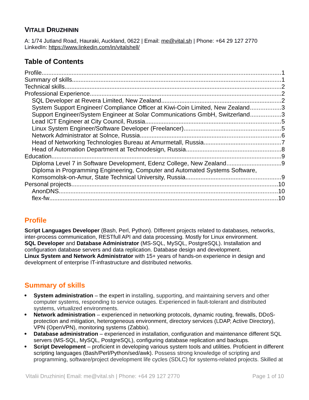 Table of Contents Profile Summary of Skills