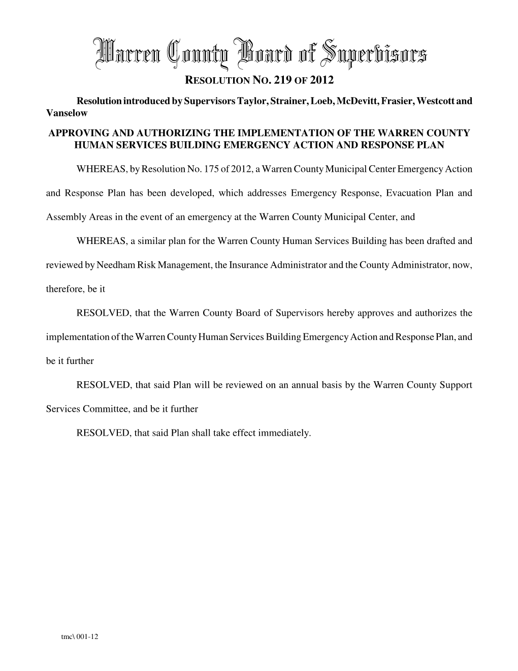 Warren County Board of Supervisors RESOLUTION NO
