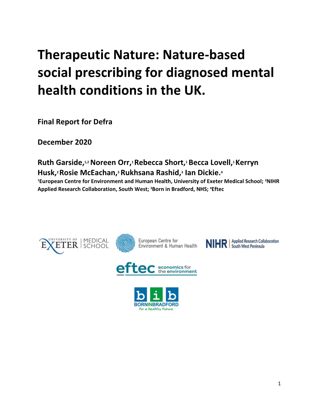 Nature-Based Social Prescribing for Diagnosed Mental Health Conditions in the UK