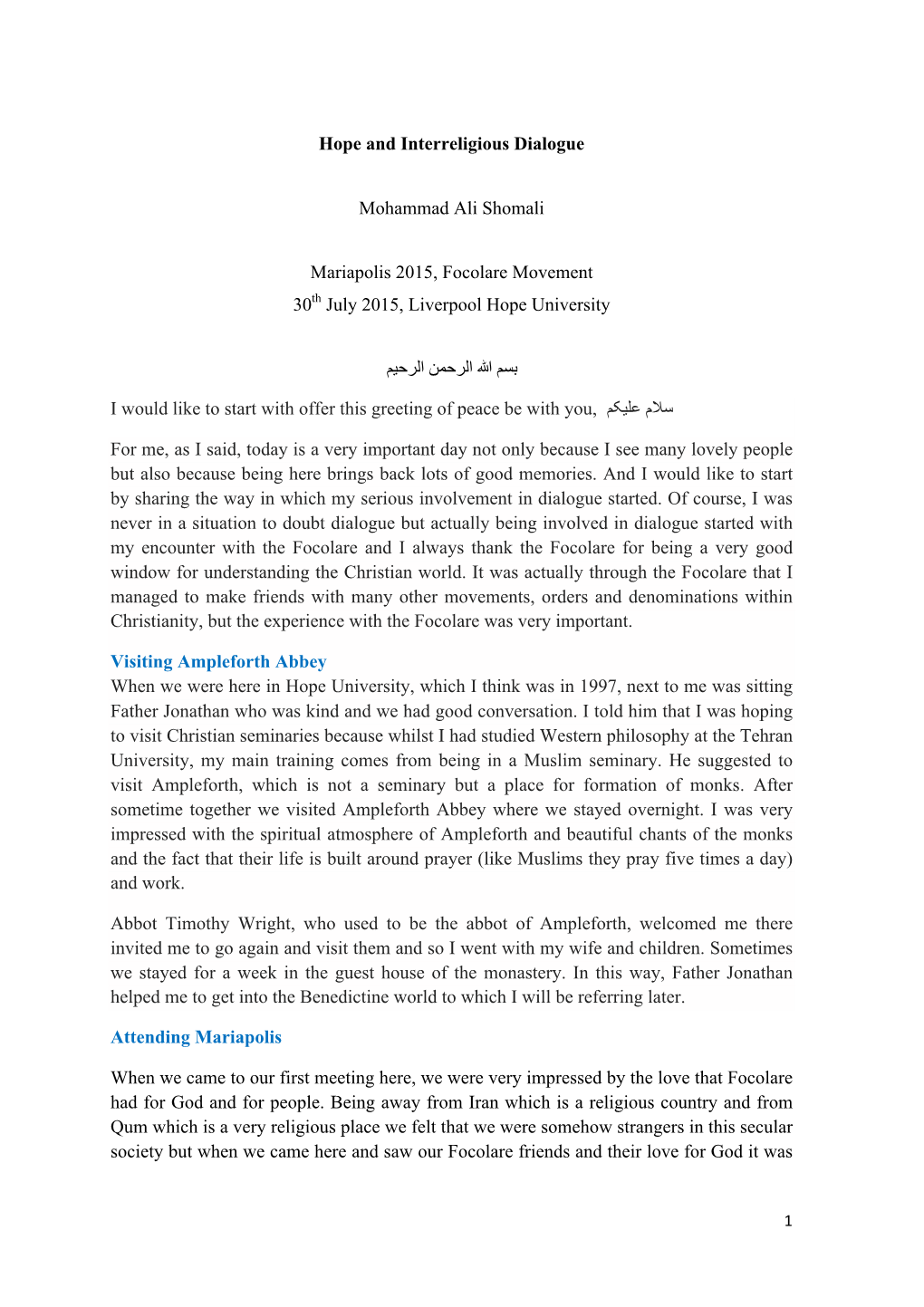 Hope and Interreligious Dialogue Mohammad Ali Shomali Mariapolis