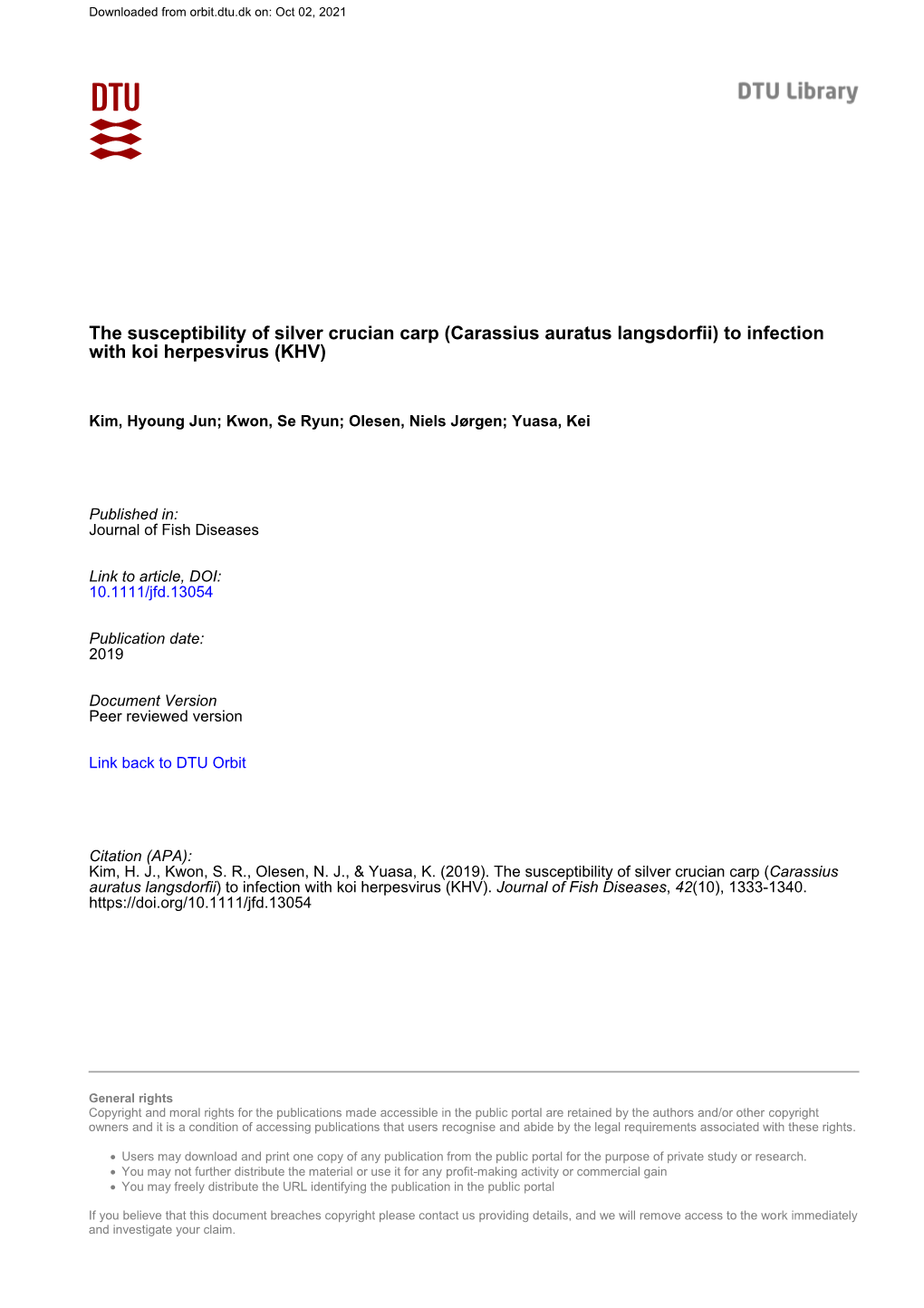 The Susceptibility of Silver Crucian Carp (Carassius Auratus Langsdorfii) to Infection with Koi Herpesvirus (KHV)