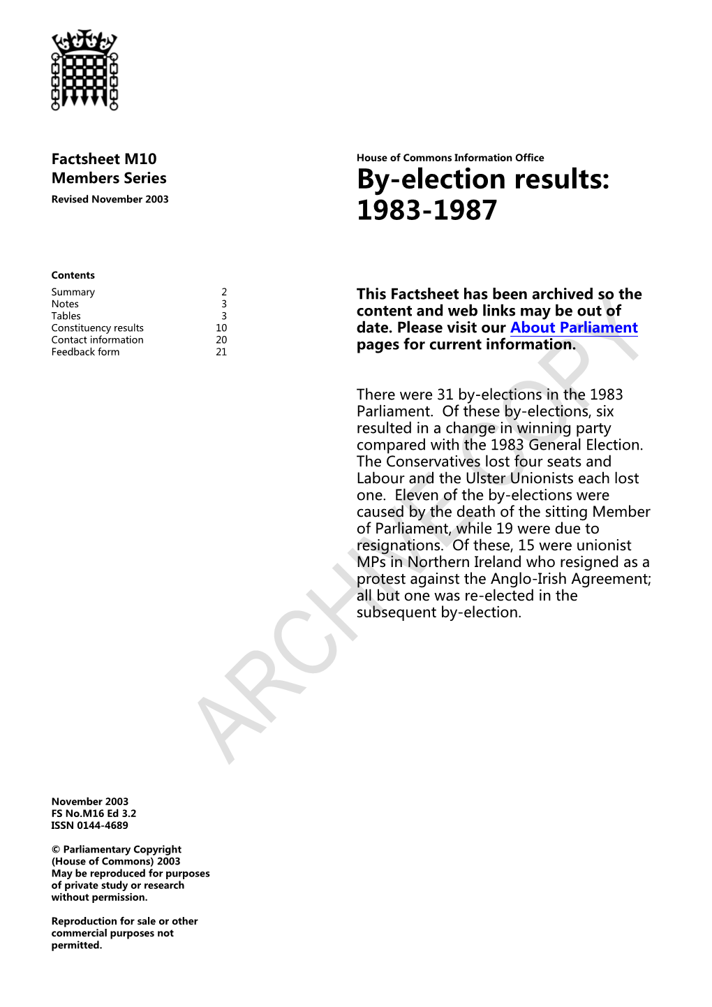 By-Election Results: 1983-1987