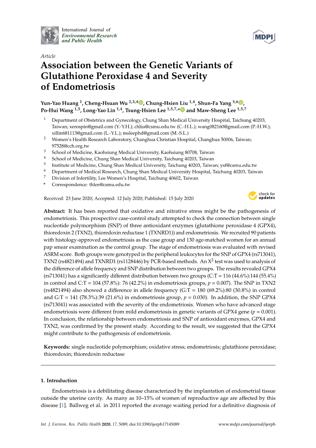 Association Between the Genetic Variants of Glutathione Peroxidase 4 and Severity of Endometriosis