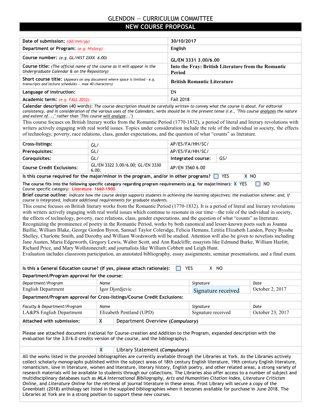 Glendon — Curriculum Committee New Course Proposal