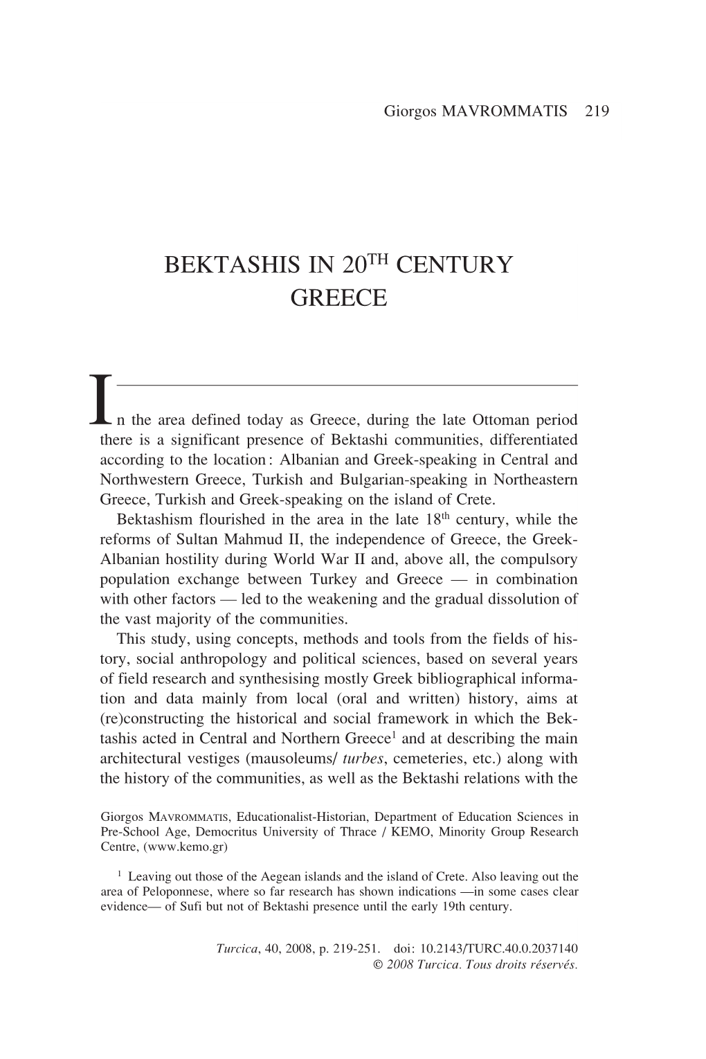 Bektashis in 20Th Century Greece
