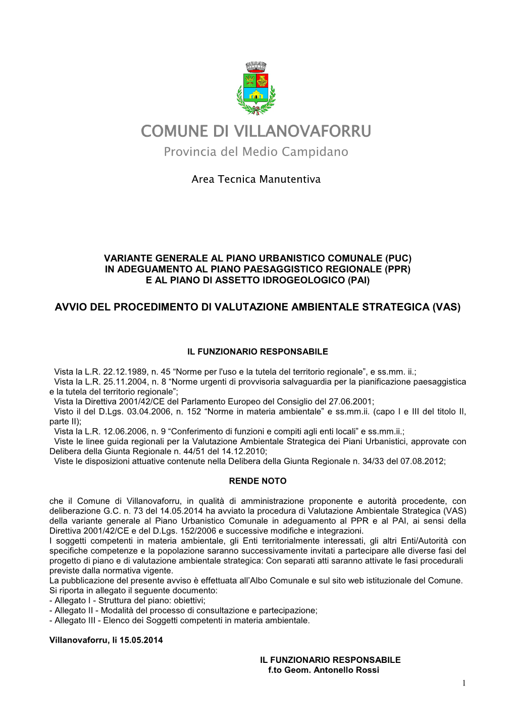 COMUNE DI VILLANOVAFORRU Provincia Del Medio Campidano