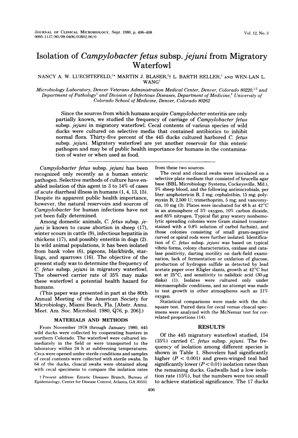 Isolation of Campylobacter Fetus Subsp. Jejuni from Migratory Waterfowl