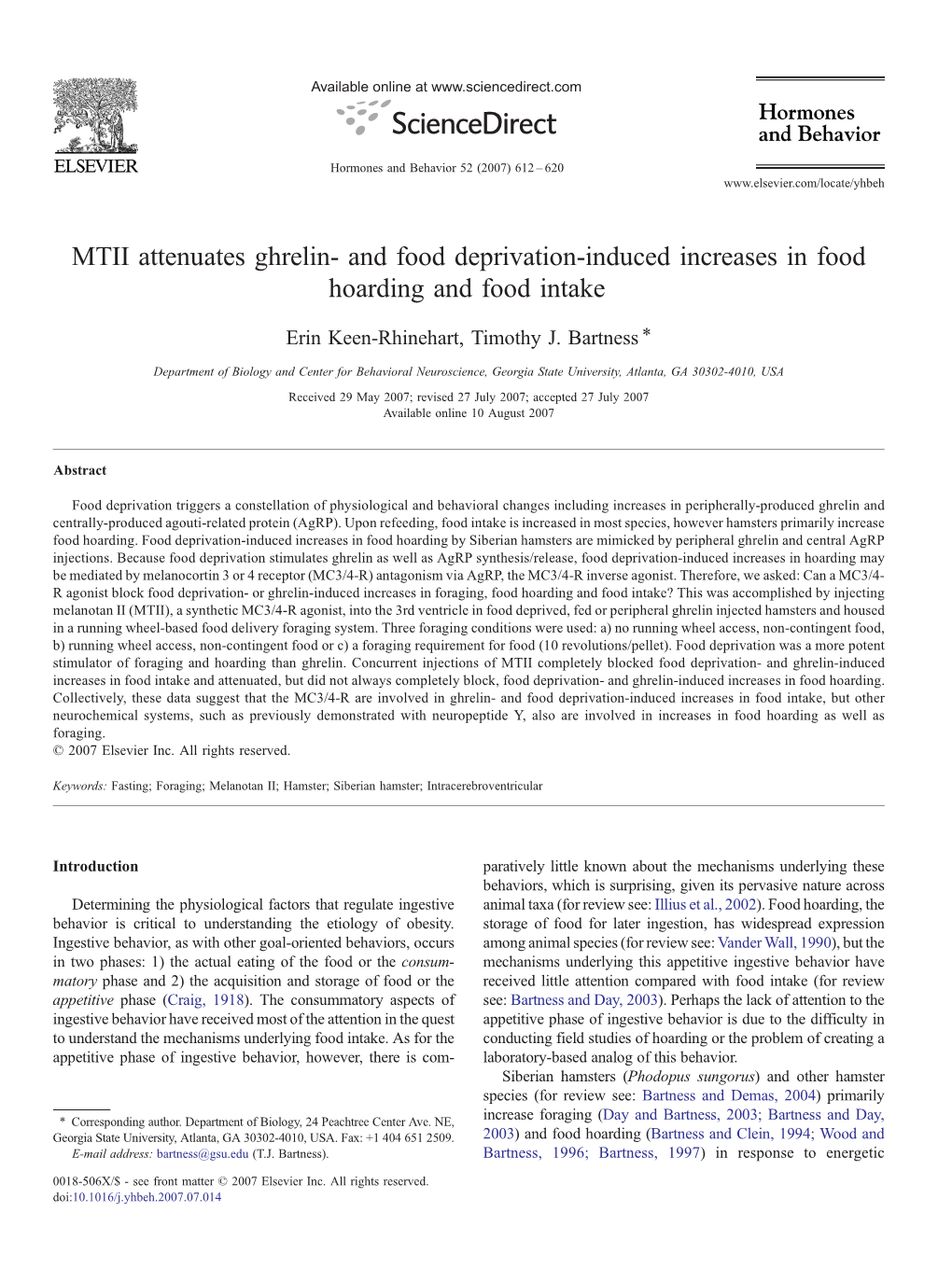 MTII Attenuates Ghrelin- and Food Deprivation-Induced Increases in Food Hoarding and Food Intake