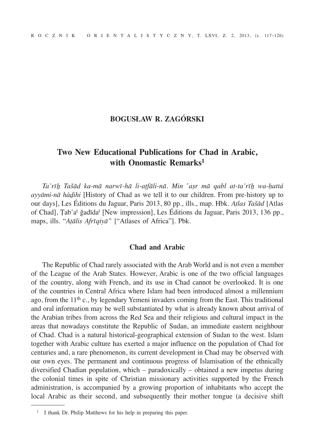 Two New Educational Publications for Chad in Arabic, with Onomastic Remarks1