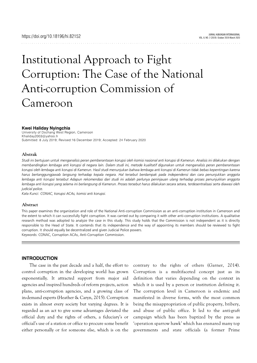 Institutional Approach to Fight Corruption: the Case of the National Anti-Corruption Commission of Cameroon