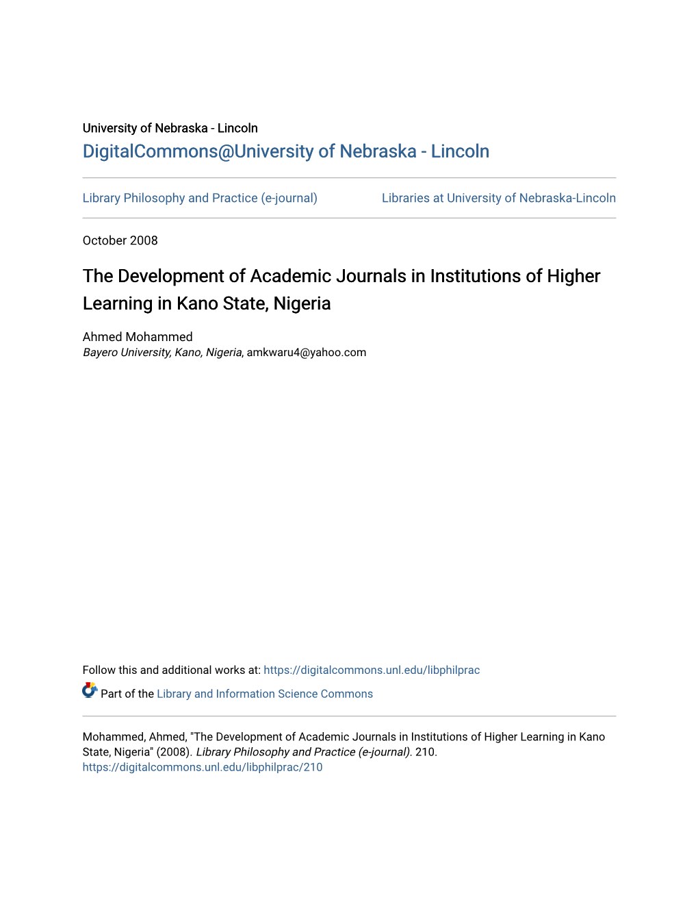 The Development of Academic Journals in Institutions of Higher Learning in Kano State, Nigeria
