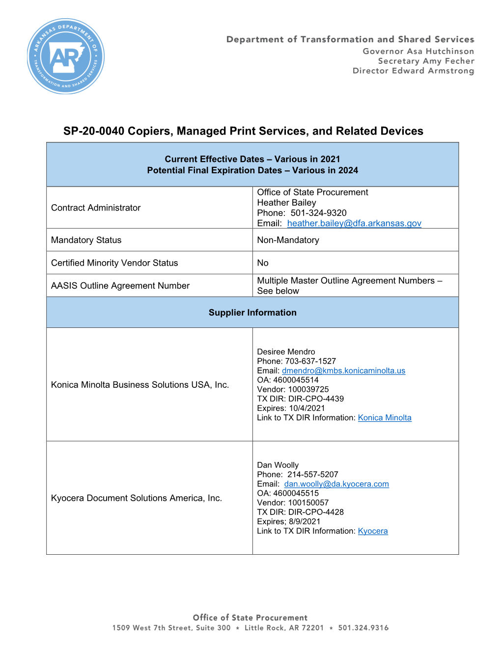 SP-20-0040 Copiers, Managed Print Services, and Related Devices