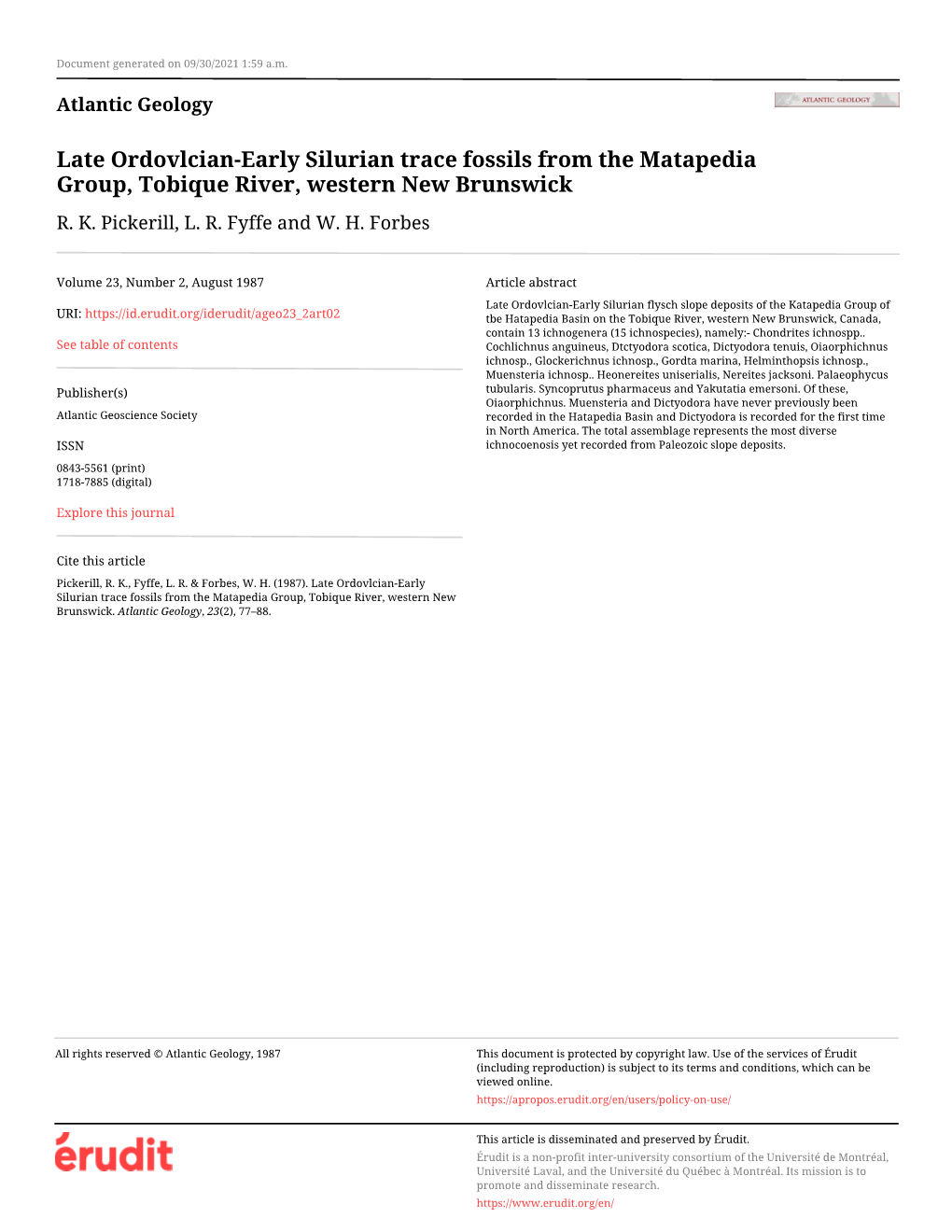 Late Ordovlcian-Early Silurian Trace Fossils from the Matapedia Group, Tobique River, Western New Brunswick R