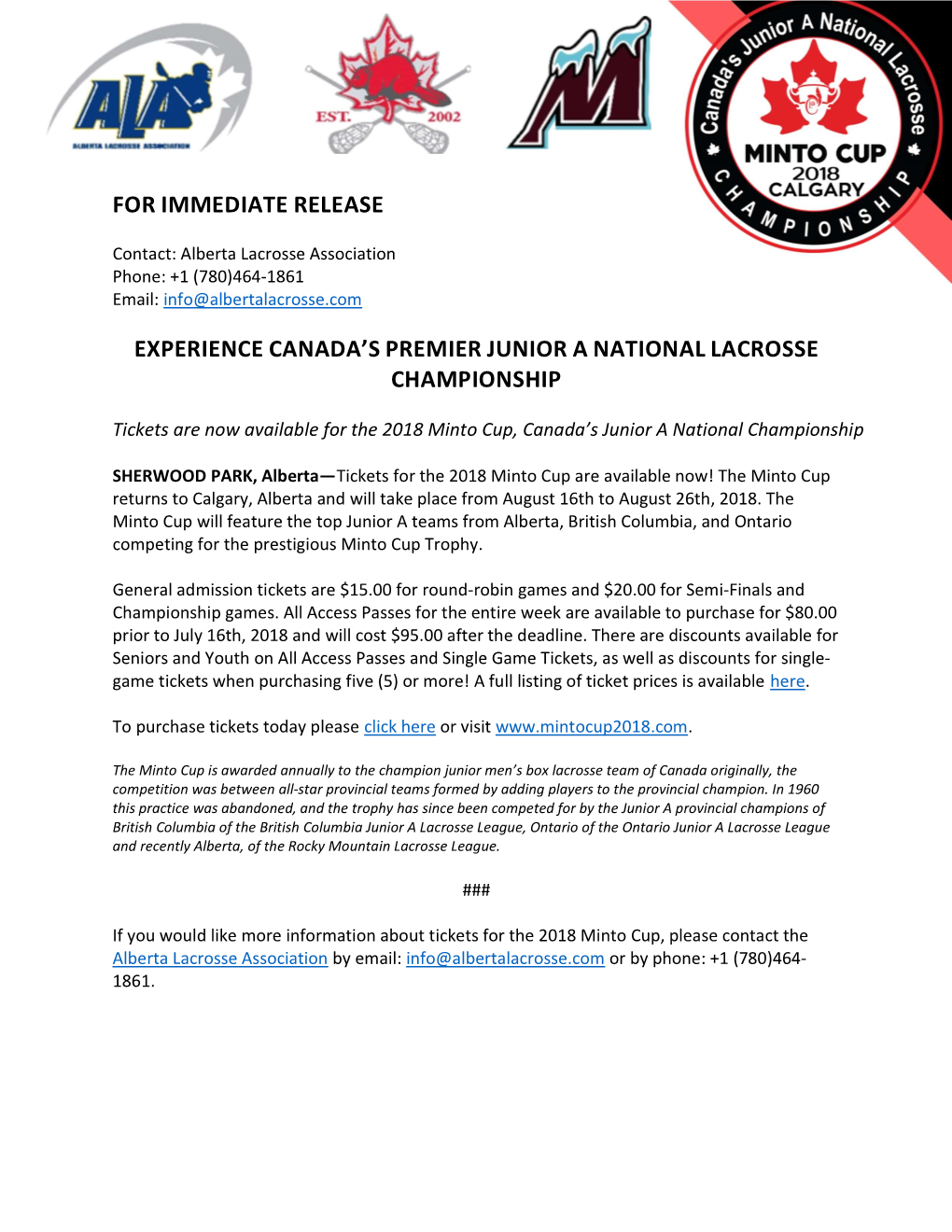 For Immediate Release Experience Canada's