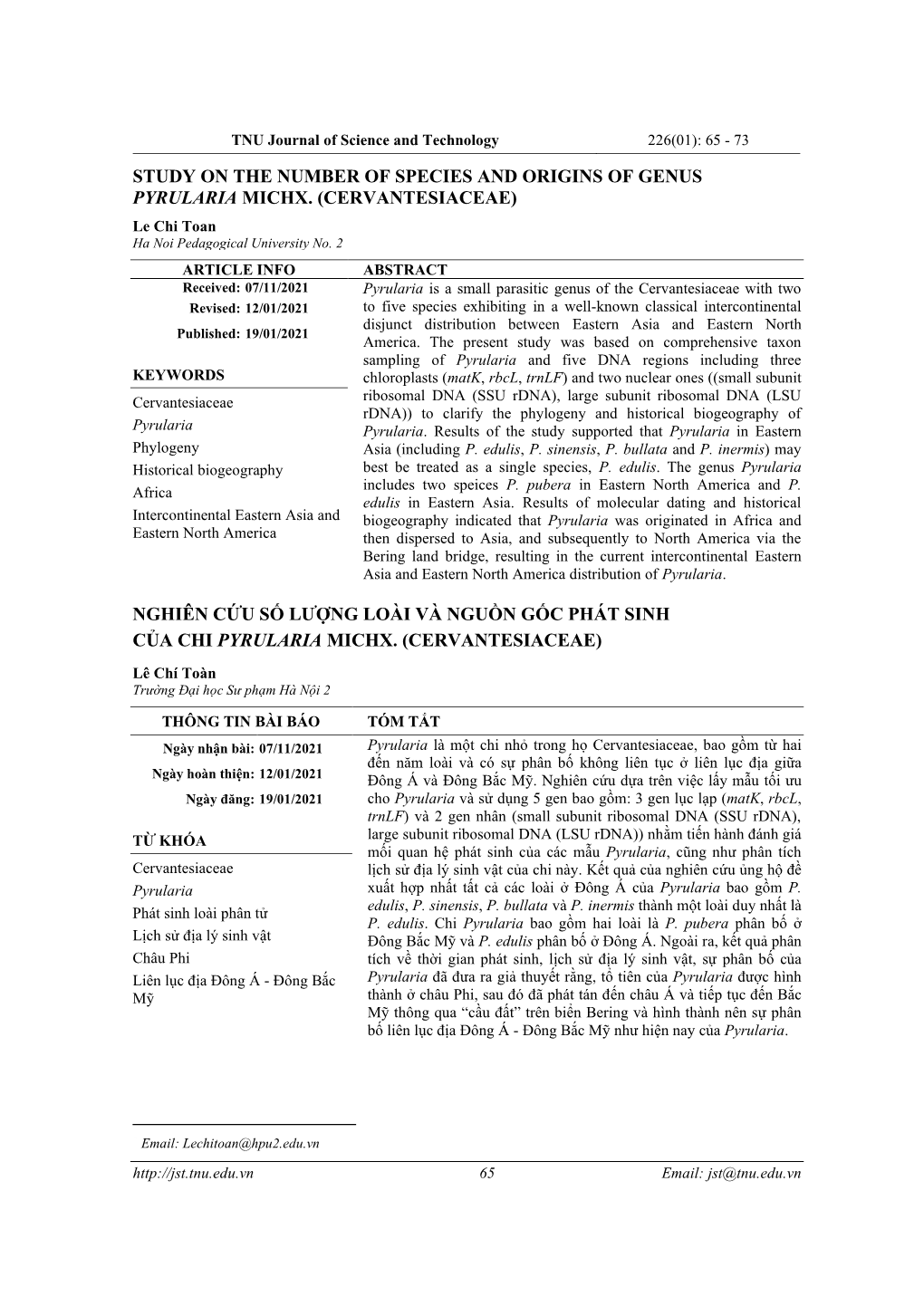 Study on the Number of Species and Origins of Genus Pyrularia Michx