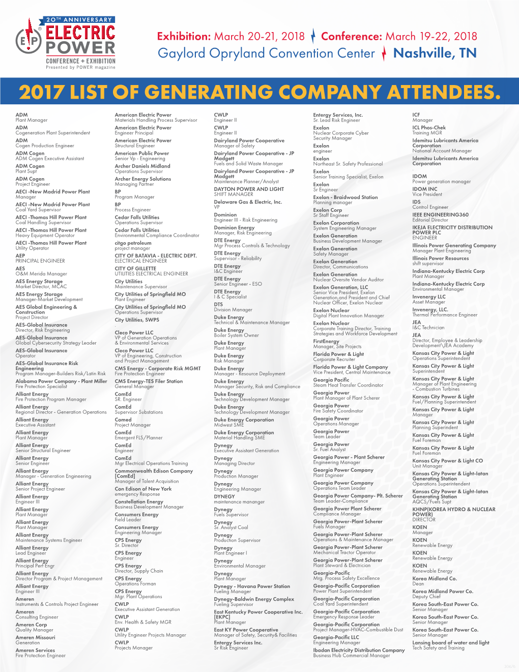 2017 List of Generating Company Attendees