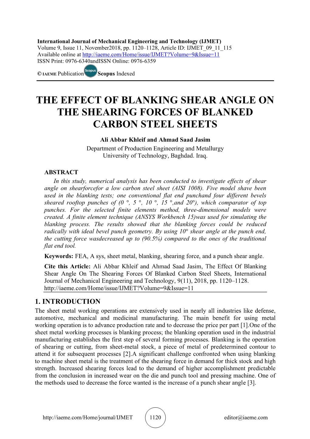 The Effect of Blanking Shear Angle on the Shearing Forces of Blanked Carbon Steel Sheets