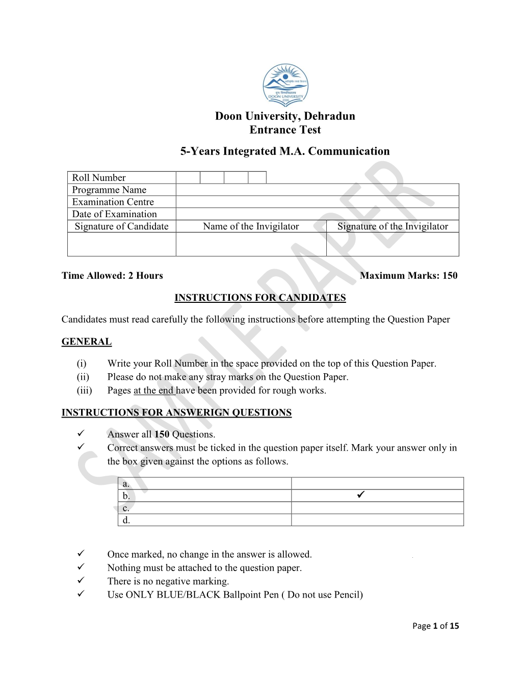 Doon University, Dehradun Entrance Test 5-Years Integrated M.A