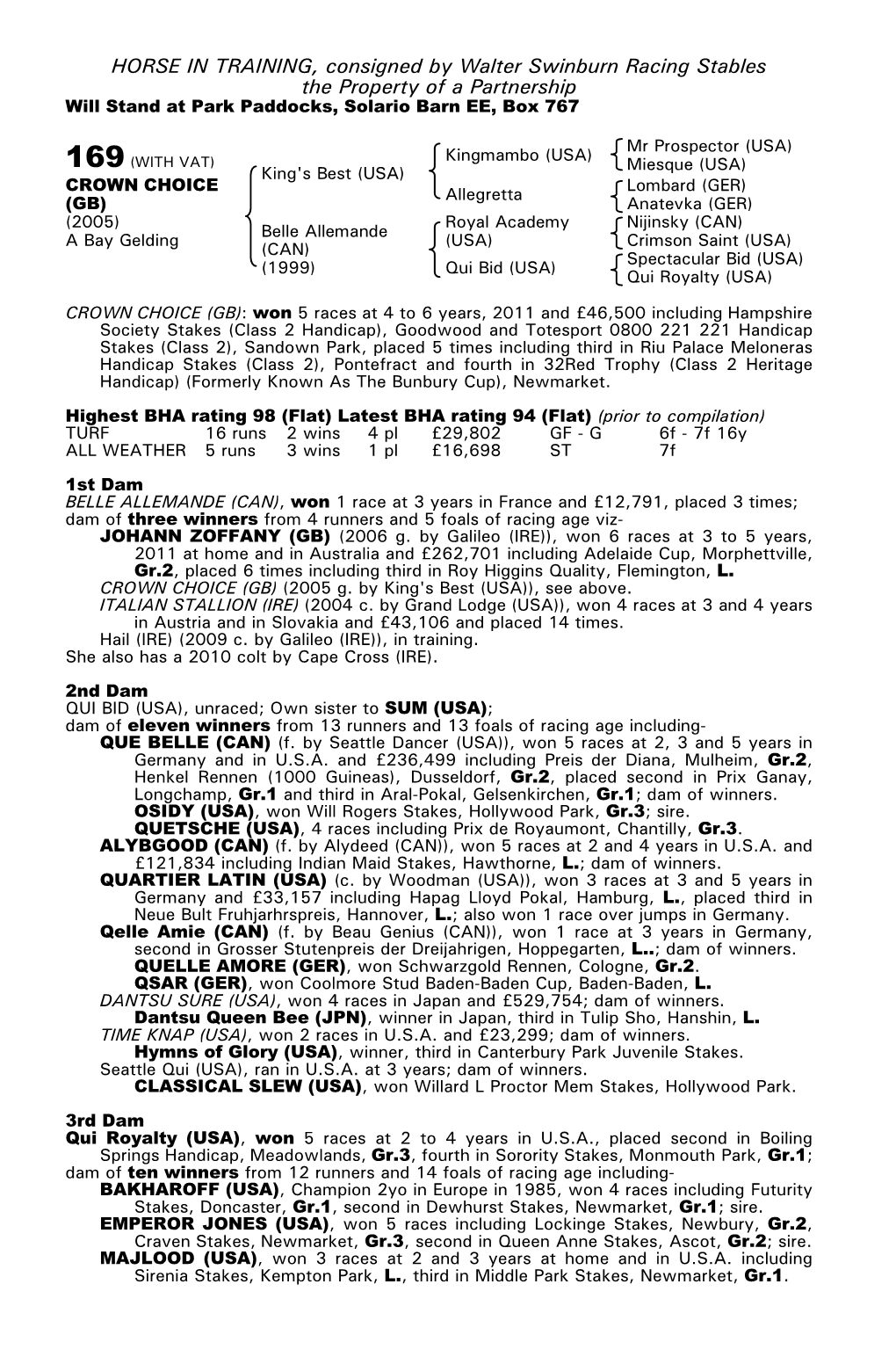 HORSE in TRAINING, Consigned by Walter Swinburn Racing Stables the Property of a Partnership Will Stand at Park Paddocks, Solario Barn EE, Box 767