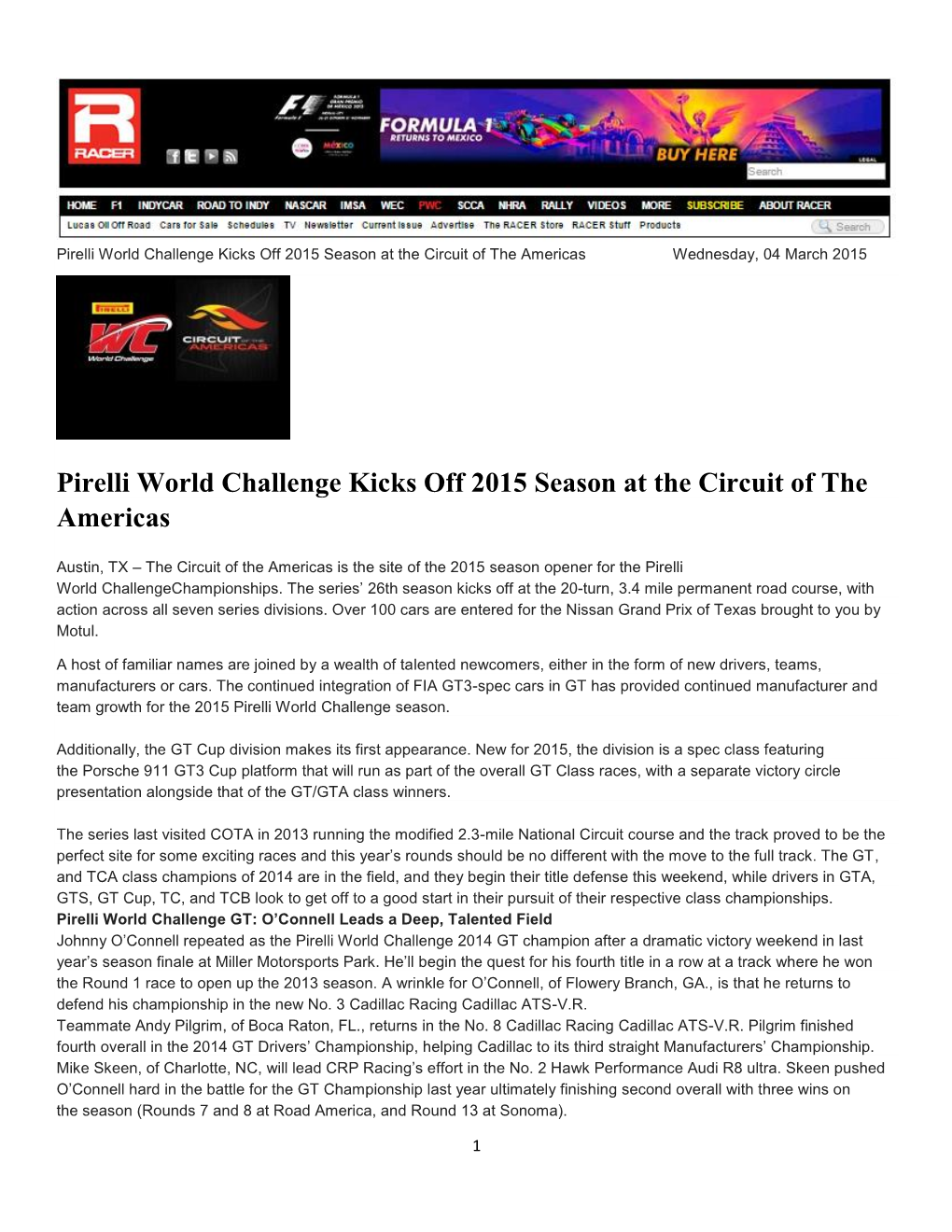 Pirelli World Challenge Kicks Off 2015 Season at the Circuit of the Americas Wednesday, 04 March 2015