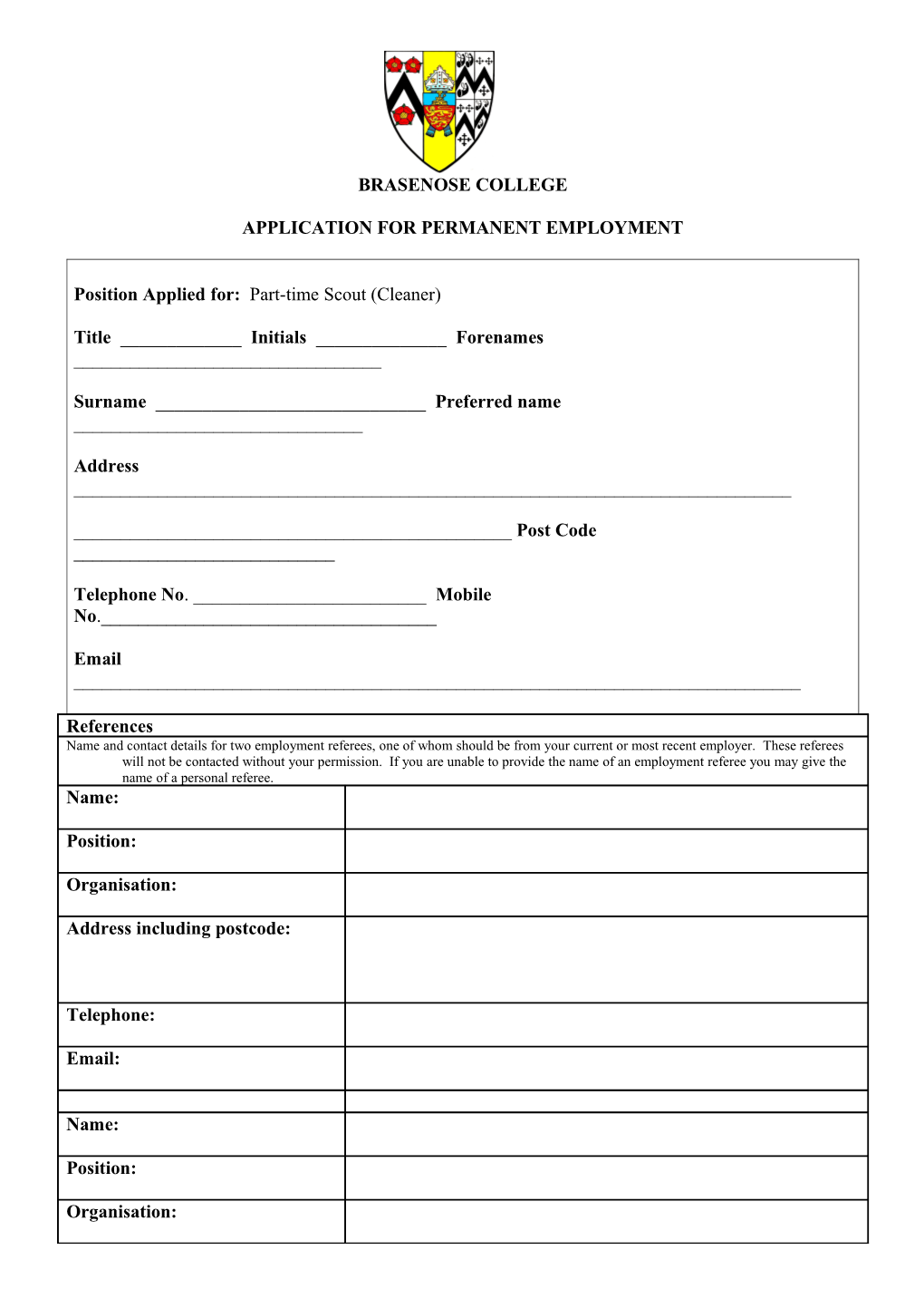 Application for Permanent Employment