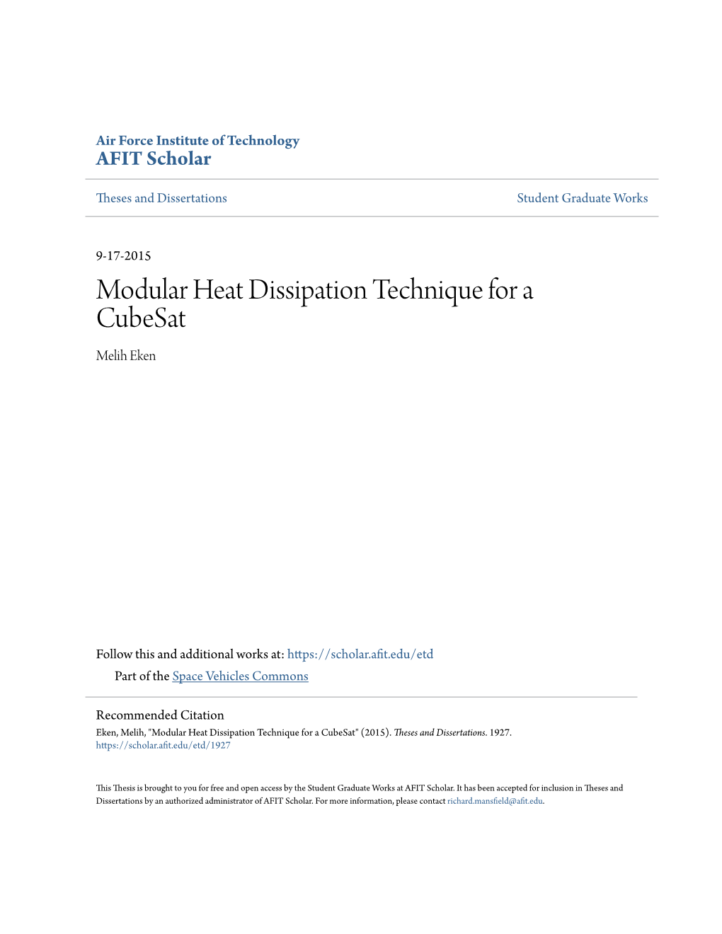 Modular Heat Dissipation Technique for a Cubesat Melih Eken