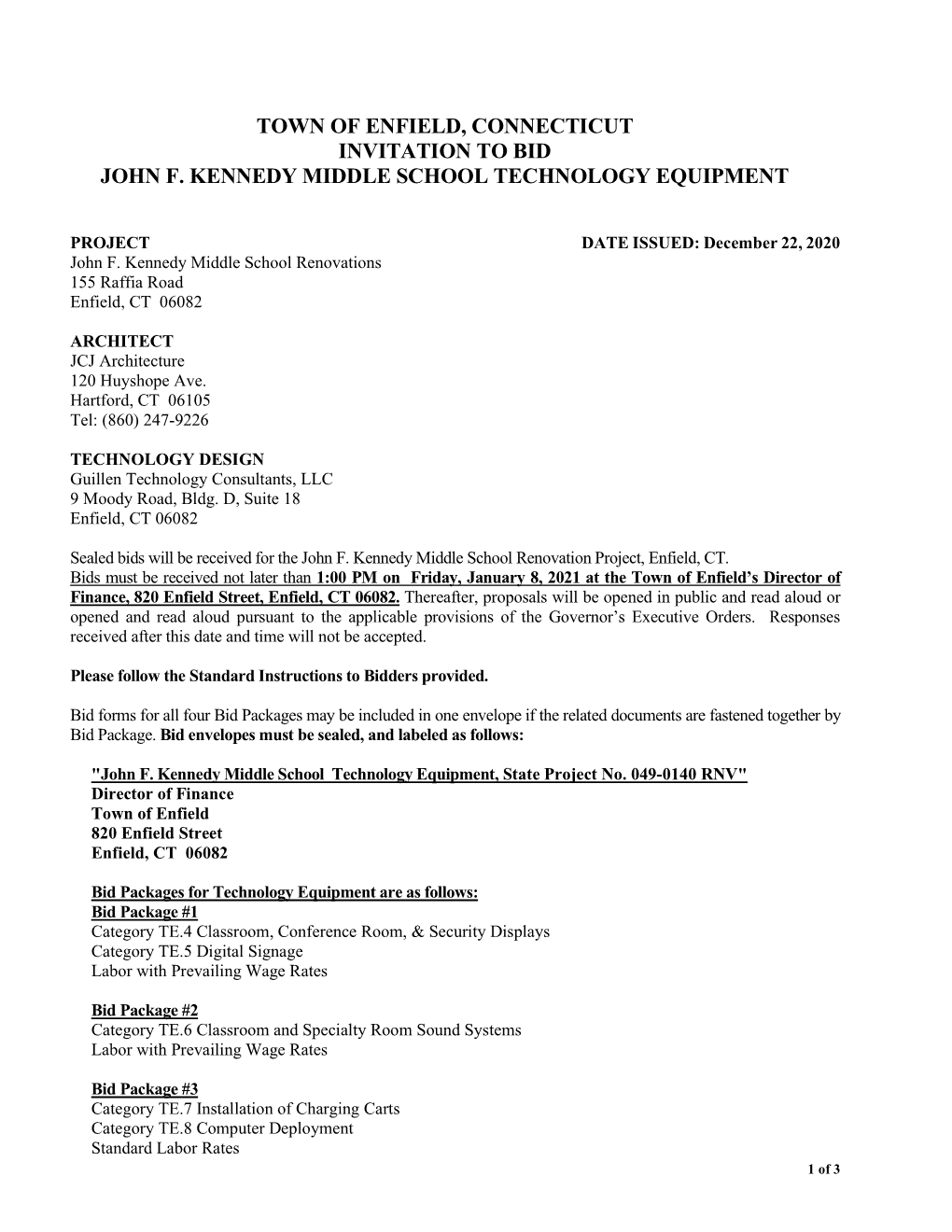 Town of Enfield, Connecticut Invitation to Bid John F. Kennedy Middle School Technology Equipment