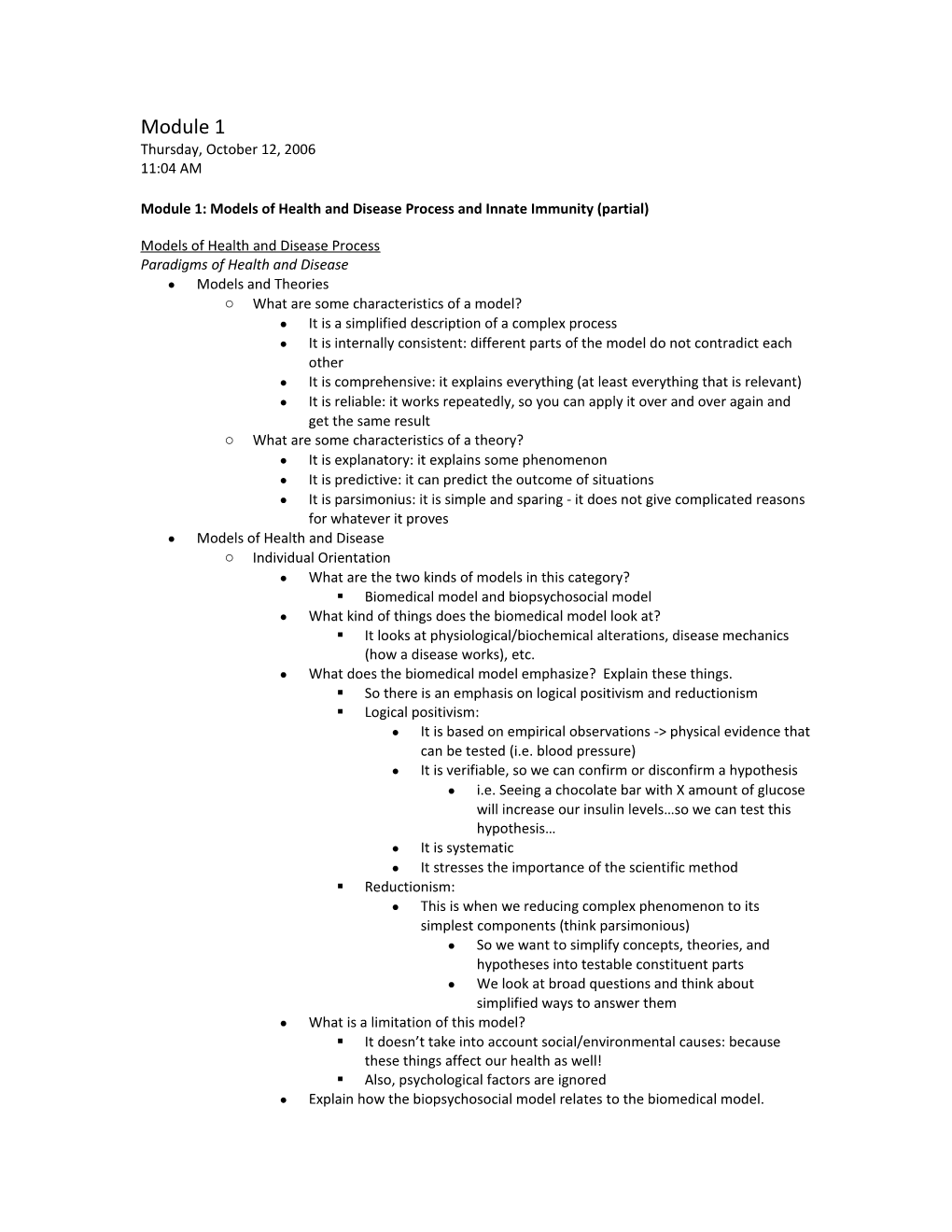 Module 1: Models of Health and Disease Process and Innate Immunity (Partial)