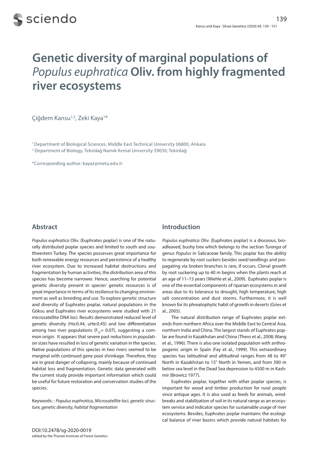 Genetic Diversity of Marginal Populations of Populus Euphratica Oliv