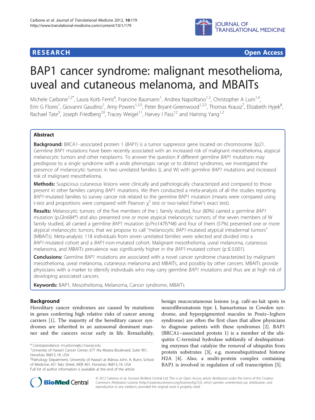 BAP1 Cancer Syndrome: Malignant Mesothelioma, Uveal And