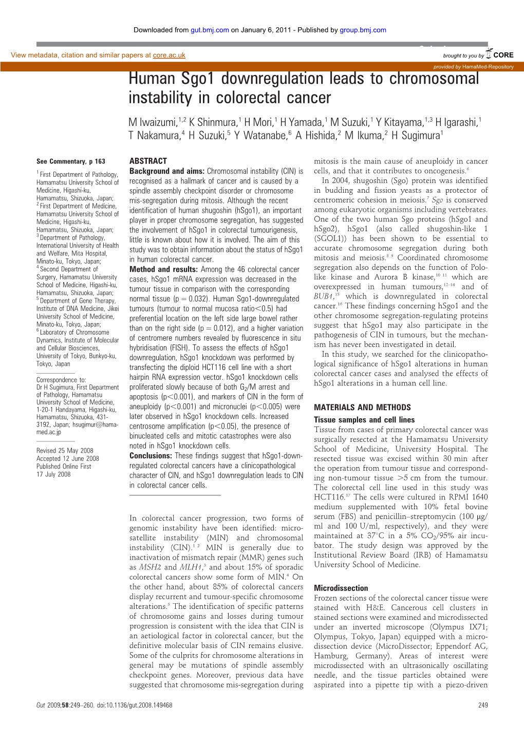 Human Sgo1 Downregulation Leads to Chromosomal Instability In